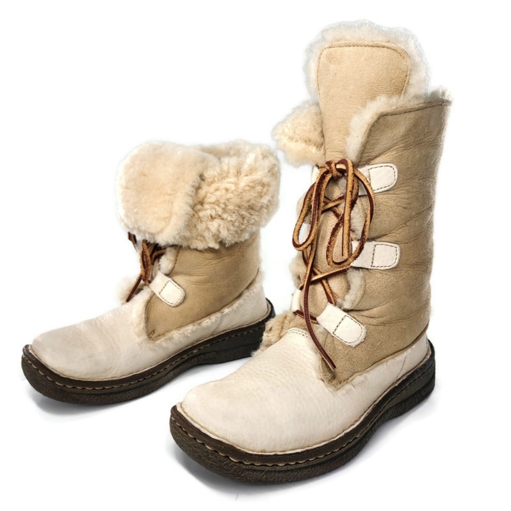 Born Nome Tan & Cream Leather Soft Shearling Lined Mid-Calf Lace-Up Flat Boots